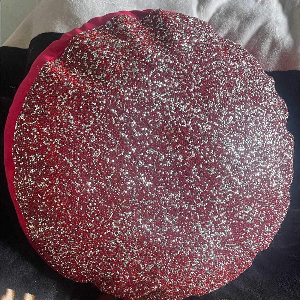 Glittery Crystal Red and Silver Round Pillow
